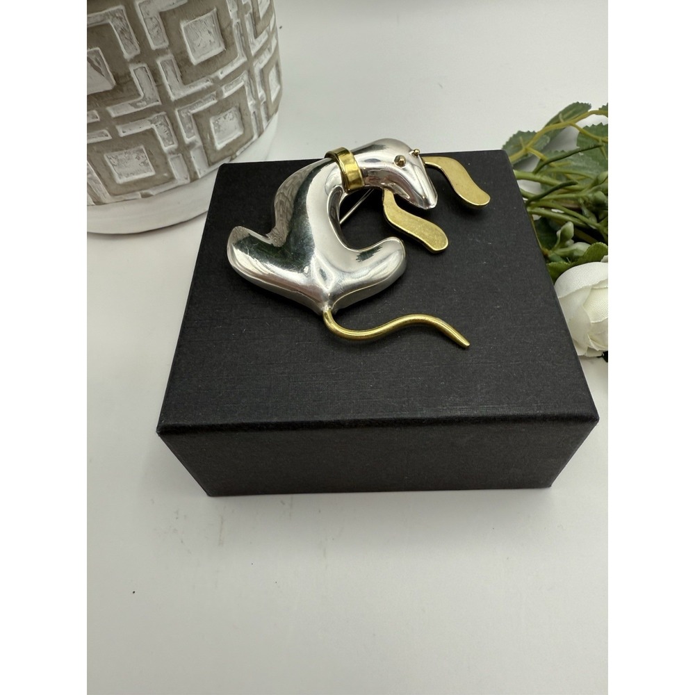 Vintage Taxco Mexico 925 Sterling & Brass Dog Brooch – Modernist Signed TM-104 - Picture 7 of 12